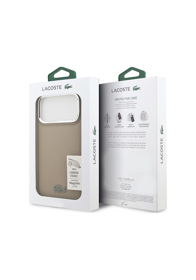 Apple Uyumlu iPhone 17 Pro Max Kılıf Lacoste Lisanslı M-safeli Pu Pike Desenli Standlı Metal Logolu Kapak Bej Bej