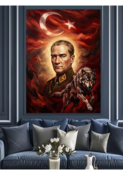 Atatürk Ve Bozkurt Türk Bayrağı Dekoratif Kanvas - Mdf Ahşap Tablo