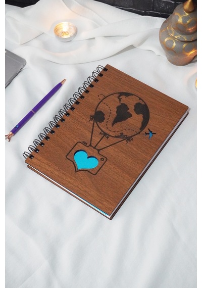 Balon Desenli Ahşap Kapaklı Defter - Ajanda - A5 Çizgisiz Defter Ahşap Rengi Ceviz Mavi