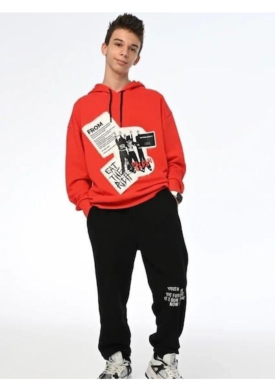 Zekids Erkek Çocuk Kapüşonlu Baskılı Teenage Tasarım Sweatshirt-16662 Turuncu