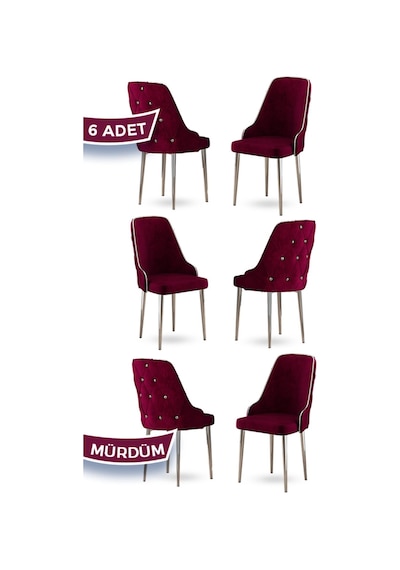 Canisa Krax Serisi, 1.sınıf Babyface Kumaş Mutfak Sandalye, Gümüş Metal Ayak, 6 Adet Mürdüm Sandalye Sandalye Mürdüm Ayakları Gümüş