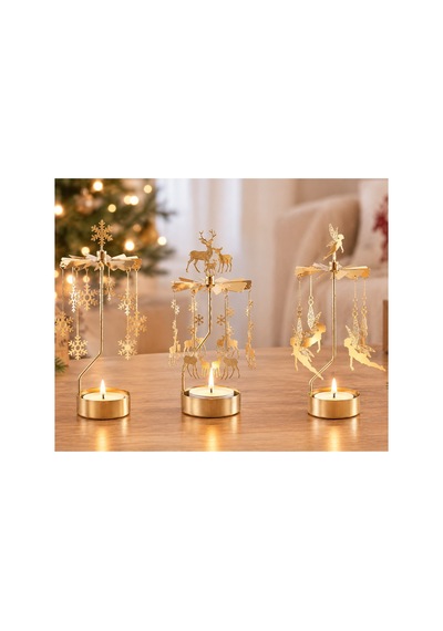 Döner Mumluk Yılbaşı Süsü Geyik Kar Tanesi Ve Peri Figürlü Dekoratif Tealight Mumluk