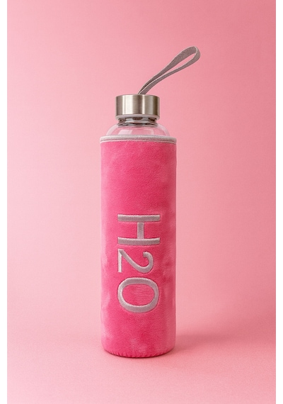 Peluş Kılıflı Cam Matara 600 Ml Pembe Pembe