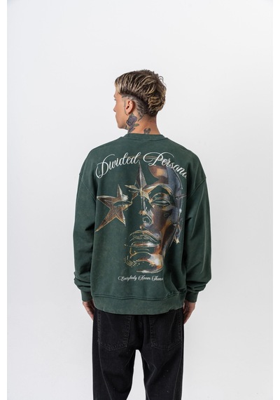 Respire Erkek Divided Baskılı Yıkamalı Bisiklet Yaka Oversize Sweatshirt Yeşil