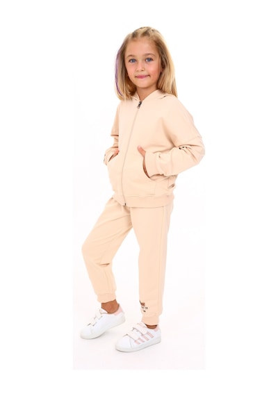 Toontoy Kids Toontoy Kız Çocuk Kapüşonlu Fermuarlı Baskılı Eşofman Takım Bej