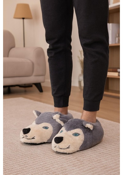 Kurt Figürlü Peluş Panduf Ev Pandufu Unisex Panduf Gri