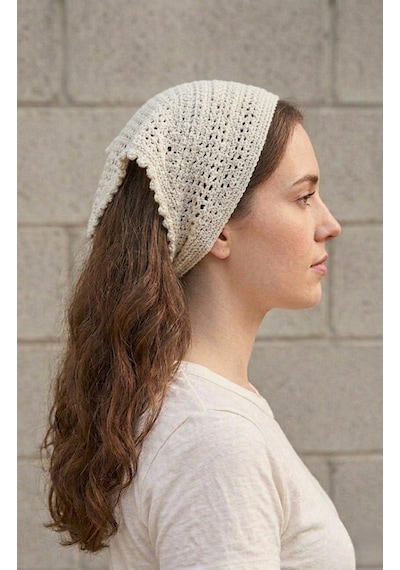 Mavi Renkli File Model Bandana, El Yapımı Örgü Bandana krem