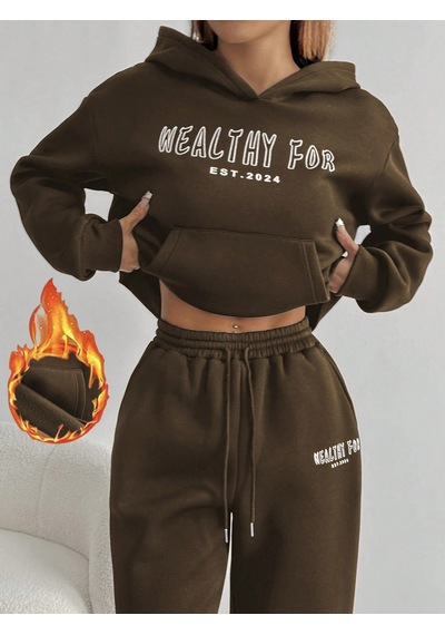 Macklin Unisex Kadın Erkek Healty For Baskılı Oversize 3 İplik Kapüşonlu Sweatshirt Ve Baggy Eşofman Altı Kahverengi