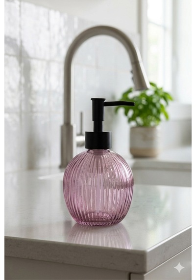 Çizgili Yuvarlak Siyah Pompalı Cam Sıvı Sabunluk - 500ml - 16x10x10 Cm Pembe