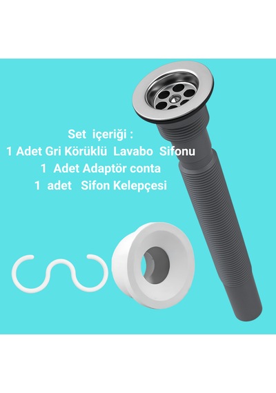Gri Körüklü Lavabo Sifon Seti Adaptör Conta + Sifon Kelepçesi D