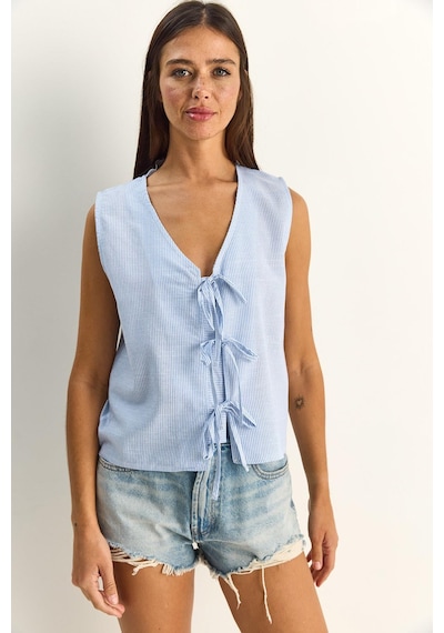 Shade Kadın %100 Pamuk Kalın Askılı Önden Bağlama Detaylı Çizgili Peplum Bluz 60282045 - Beyaz-mavi Çok Renkli