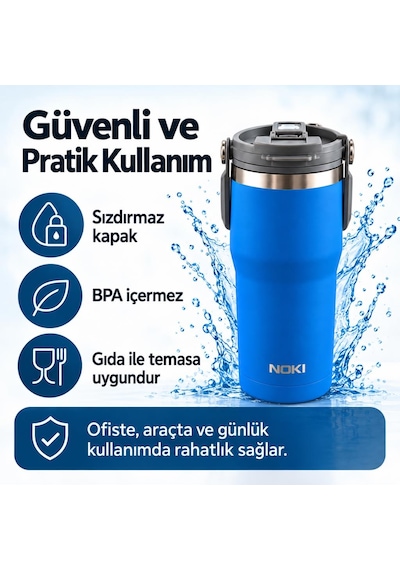 Noki T-0138 600 Ml Paslanmaz Çelik Tumbler Termos Bardak, Pipetli Ve Düz İçim, Sızdırmaz Kapak Mavi