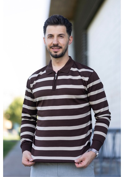 Hk Premium Kazak Fermuarlı Polo Yaka Çizgili Triko Sweatshirt Kahverengi