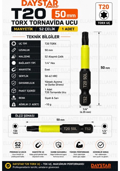 T20 Torx Tornavida Ucu 50 Mm Manyetik S2 Çelik 1/4" Hex Vidalama Ucu 1 Adet Yüksek Kalite