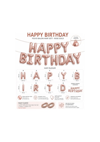 Happy Birthday Rose Gold Folyo Balon Yazı Seti 13 Parça İpli Doğum Günü Parti Süsü Dekoru Çok Renkli