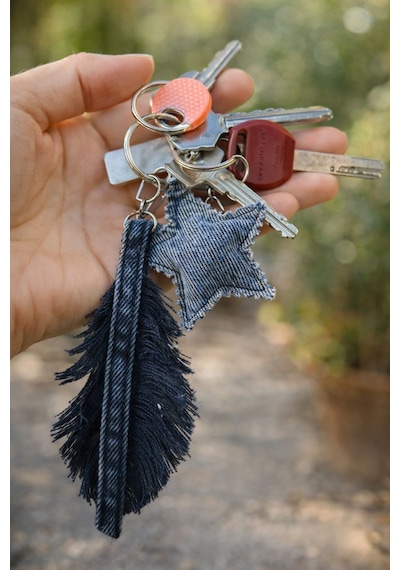 El İşçiliği Yaprak Yıldız Detaylı Denim Çanta Charm Siyah - Gri