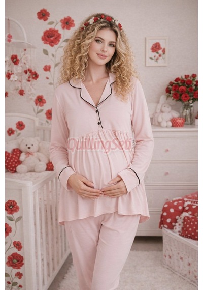 Lady Bebe Pembe Renkli Kol Ve Paçaları Manşetli, 33202 Uzun Kol, 2 Parça Lohusa Hamile Pijama Takımı Açık Pembe