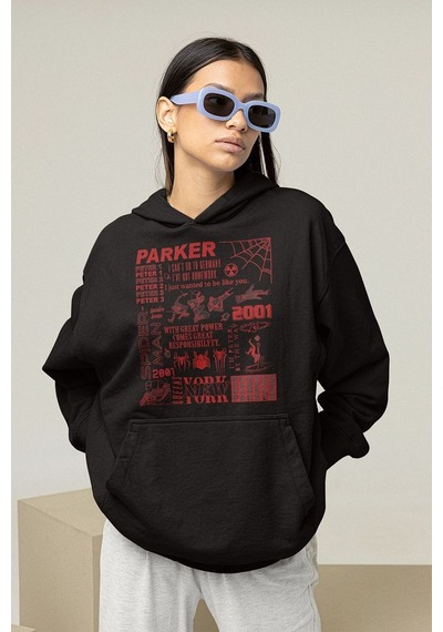Sevbano Parker Spider-man Baskılı Unisex Oversize Örümcek Adam Hoodie Siyah