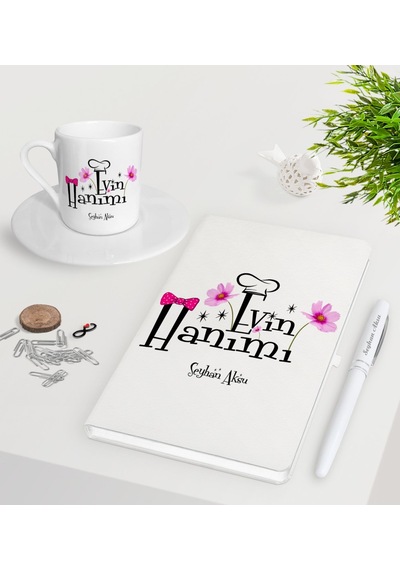 Kişiye Özel Evin Hanımı Beyaz Defter Kalem Türk Kahvesi Fincanı S