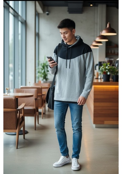 Gri Siyah Erkek Kapüşonlu Sweatshirt Gri-siyah