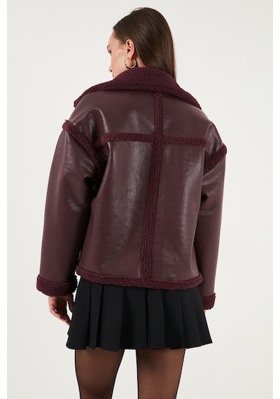 Lela Oversize Kruvaze Yaka Peluş Detaylı Suni Deri Biker Ceket Bayan Mont 6810247 Bordo
