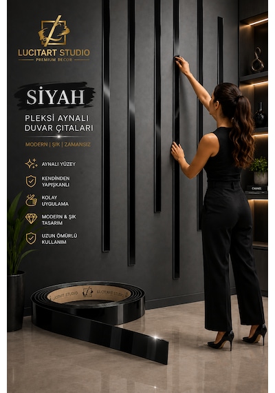 Lucitart Studio 5 Adet 5cmx120cm 1mm Kalınlığında Kendinden Yapışkanlı Pleksi Aynalı Duvar Çıtası 9 Renk Seçeneği Dekoratif Duvar, Kapı, Tv Ünitesi Ve Mobilya Çıtası Siyah