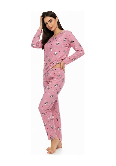 Bisiklet Yaka Süet Pijama Takımı 6008 Penguen Pembe Turuncu