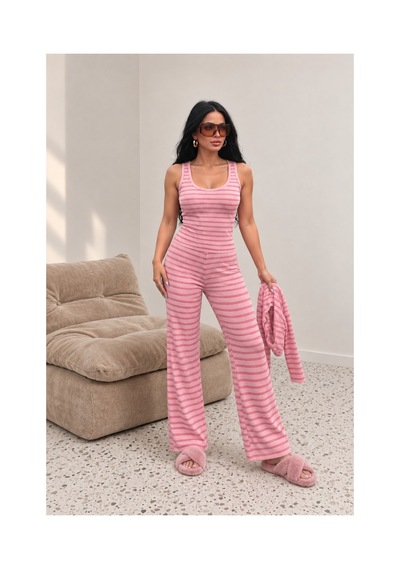 Evoa Kadın Pembe 3'lü Çizgili Atletli Ve Bolerolu Pijama Takım