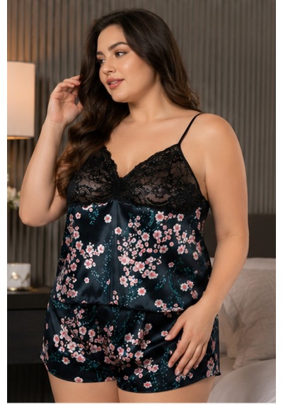 Loule Büyük Beden Lacivert Çiçekli Siyah Dantel Şortlu Pijama Çok Renkli Loule Büyük Beden Lacivert Çiçekli Siyah Dantel Şortlu Pijama Çok Renkli