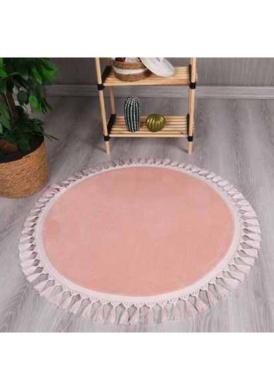 Modern Dekoratif Yuvarlak Puffy Peluş Ponpon Saçaklı Salon Oturma Odası Halısı Pembe