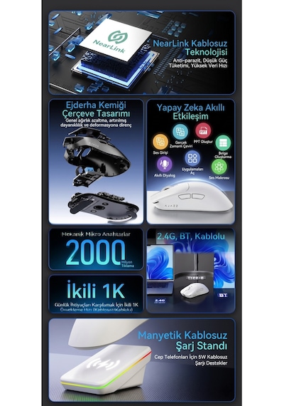 Aj200p Nl Aı Yapay Zeka Sesli Komut Destekli Near-link Kablosuz Şarj Standlı Oyuncu Mouse Diğer