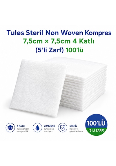 Tules Steril Nonwoven Kompres 7,5 7,5cm 4 Katlı 5'li Zarf 100'lü 10 Adet