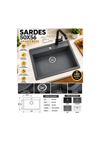 Granit Evye Sardes Series Antrasit Renk En:50 Mm Boy :61 Mm Derinlik :195 Mm Gri