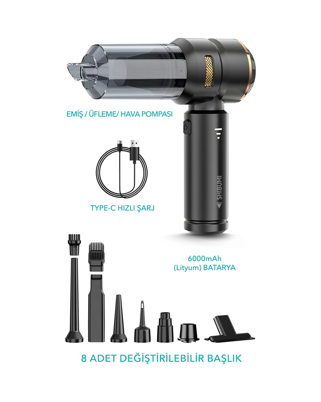 Shibumi Tornado 100w Kablosuz Araç İçi Süpürge 16000pa Güçlü Emiş & Üfleme