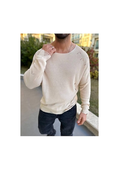 Elku Moda Kazak Naturel Örme Pamuk Bisiklet Yaka Tüylenmeyen Yırtık Detaylı Lazer Kesim Triko Kazak Açık Bej Elku Moda Kazak Naturel Örme Pamuk Bisiklet Yaka Tüylenmeyen Yırtık Detaylı Lazer Kesim Triko Kazak Açık Bej