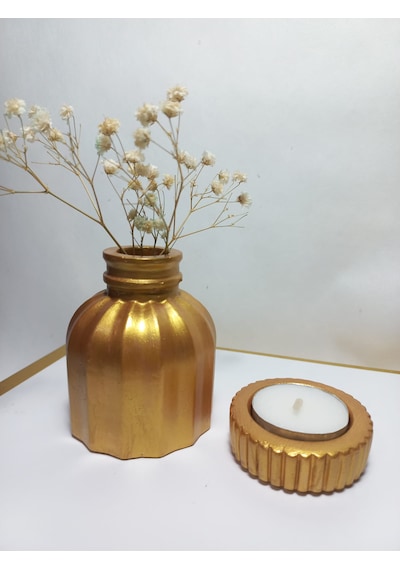İnce Çizgili Vazo - Modern & Minimal Dekoratif Obje, Salon Ve Ofis Çiçeklik, Antiquity Gold Kahverengi