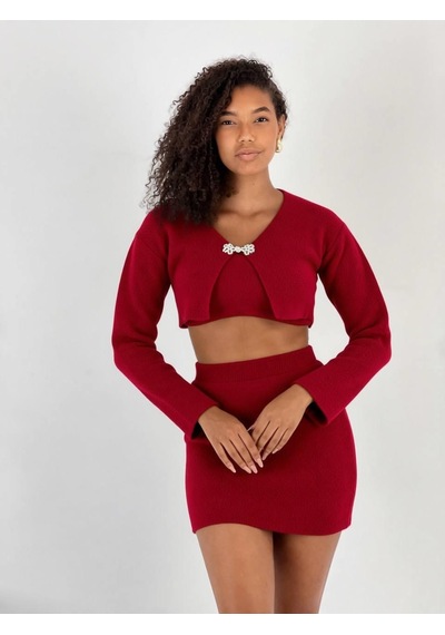 Miss Poem Kadın Aksesuar Detaylı 3'lü Bordo Triko Takım Bordo