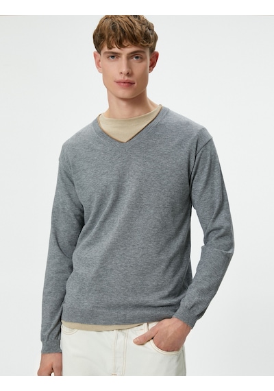 Koton V Yaka Kazak Triko Slim Fit Uzun Kollu Gri 4WAM70116HT031 Gri