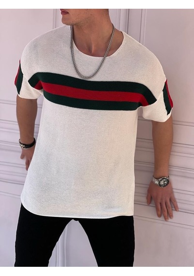 Modefendi Digital Baskı Şerit Detaylı Oversize Triko Beyaz
