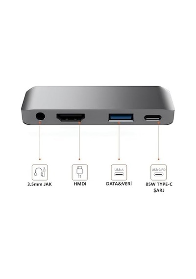 Type C Hub 4 Port , 85w Pd Type-c Port 4k 30hz Veya 1080p 60hz Hdmı, 1 Adet Usb 3.0 Port Şarj Ve Veri Transfer, 3.5mm Jak Kulaklık Ses Grişi, Macbook Pro/air/ipad/ Vb. Uyumlu