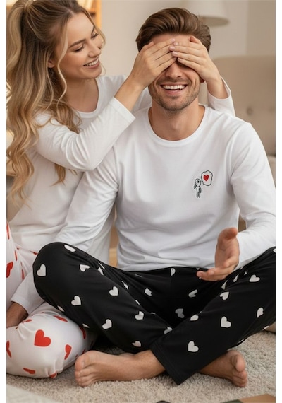 Siyah İnci Erkek Ekose Merry Christmas Baskılı Yılbaşı Temalı Örme Pijama Takım 7969 Siyah Kalp