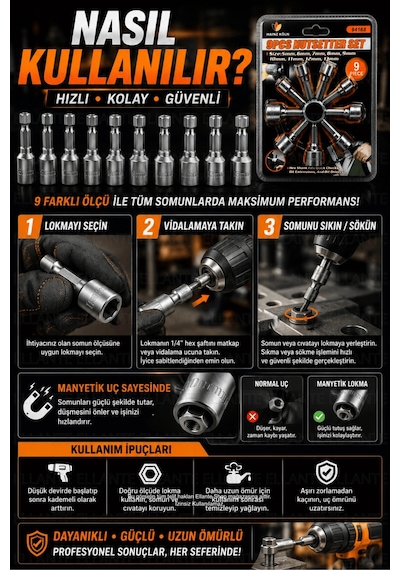 9 Parça Manyetik Somun Lokma Uç Seti 5-13 Mm Cr-v Çelik Matkap Ve Akülü Vidalama Uyumlu Hex Lokma Uç