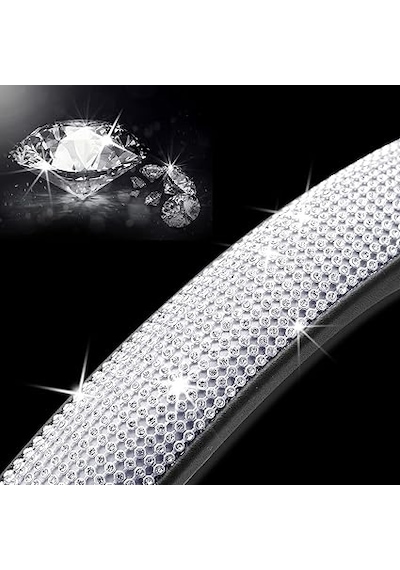 Beyaz Kristal Taşlı Lüks Direksiyon Kılıfı 36,8-38,1 Cm, Pu Deri, Kaymaz Ve Şık Tasarım Siyah