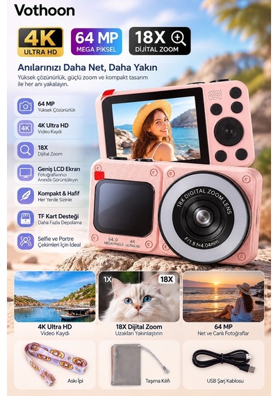 4k Dijital Fotoğraf Makinesi 18x Dijital Zoom 64 Mp Ön Ve Arka Ekranlı Kompakt Kamera Pembe