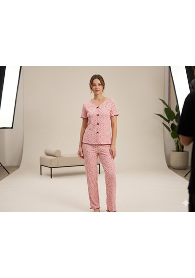 Sleeproom Yazlık Pudra Çiçek Desenli Kısa Kol Penye %100 Pamuk Pijama Takım Pembe Leylak Çıtır Çiçek