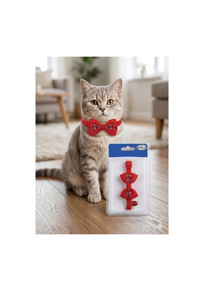 Ekose Detaylı Kırmızı Kedi Papyonu Çınçınlı Standart Beden