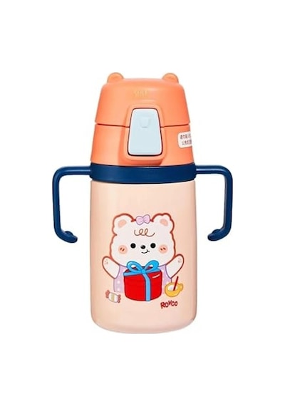 Rovco 400ml Silikon Pipetli Sevimli Ayıcıklı Boyun Askılı Bebek Kulplu Paslanmaz Çelik Termos Turuncu Genel