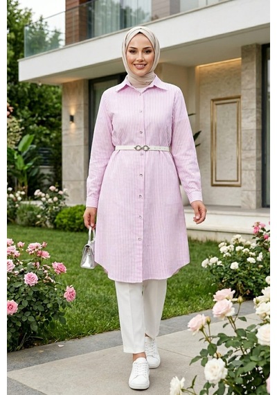 Hb Harma Time Butik Kadın Çizgi Desenli Kemerli Keten Pembe Gömlek Pembe Pembe