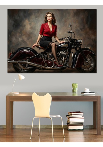 Motosiklet Üzerinde Şık Vintage Kadın Dekoratif Kanvas - Mdf Ahşap Tablo
