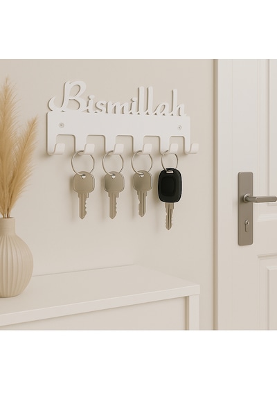 Lunoart Bismillah Yazılı Metal Anahtarlık Askılığı Siyah 6 Askılı Modern Duvar Dekoru Beyaz